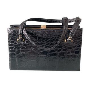 Vintage Black Croc-Embossed Structured Top-Handle Bag With Gold Hardware